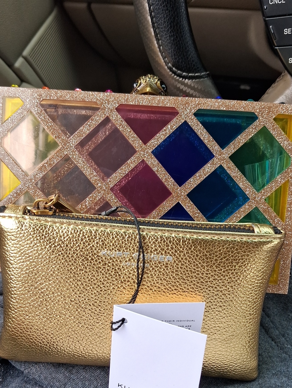 Kurt Geiger Gold Leather Wristlet with Multicolor Gem-Clutch